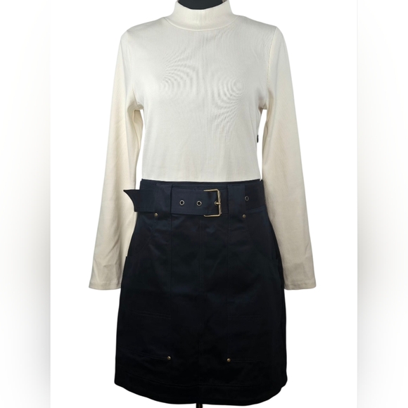 NWT $368 Veronica Beard Morrissey Contrast Belted Mini Dress White/Navy Size M - Picture 3 of 13